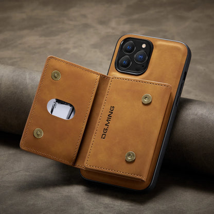 Brown phone case with card holder on a gray surface