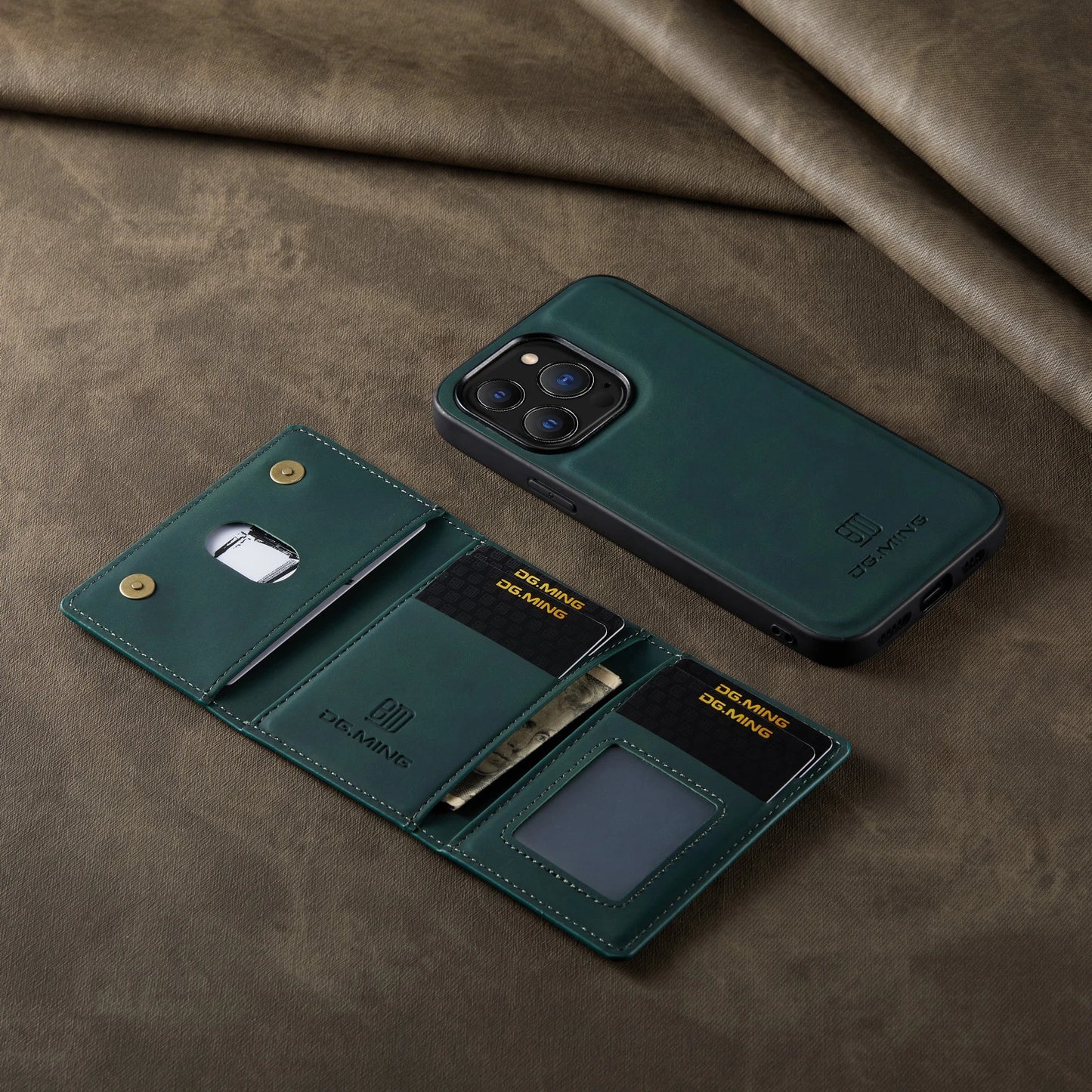 Green phone case with card slots and cash pocket on a brown fabric background