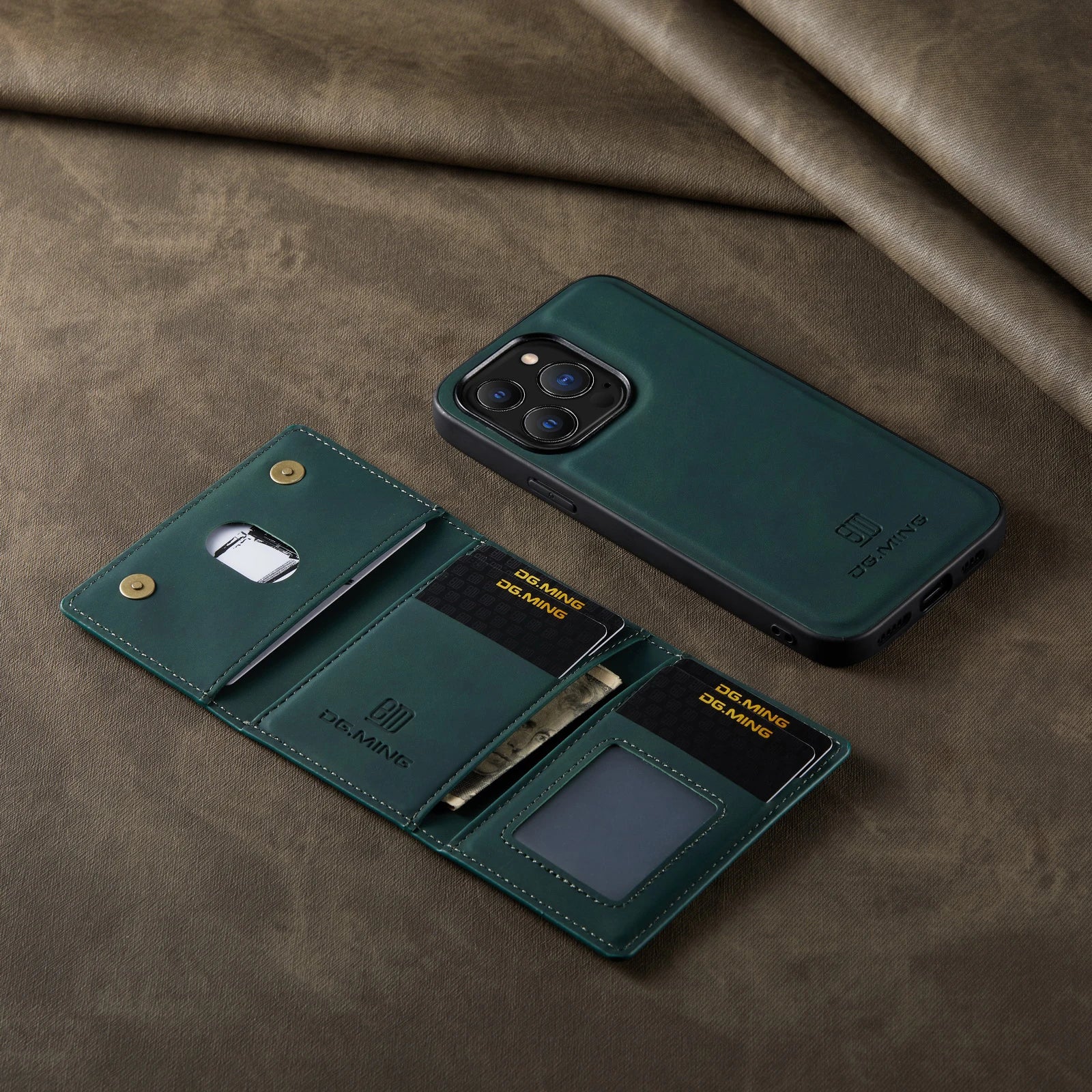 Green phone case with card slots and cash pocket on a brown fabric background