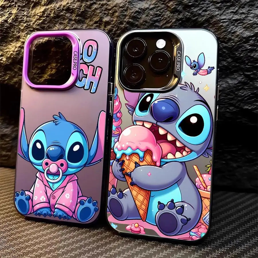Two plastic phone cases for iPhone with cartoon character designs. One case features a character in pink attire with a text bubble saying 'ouch', and the other case depicts a character with a large mouth holding an ice cream cone.