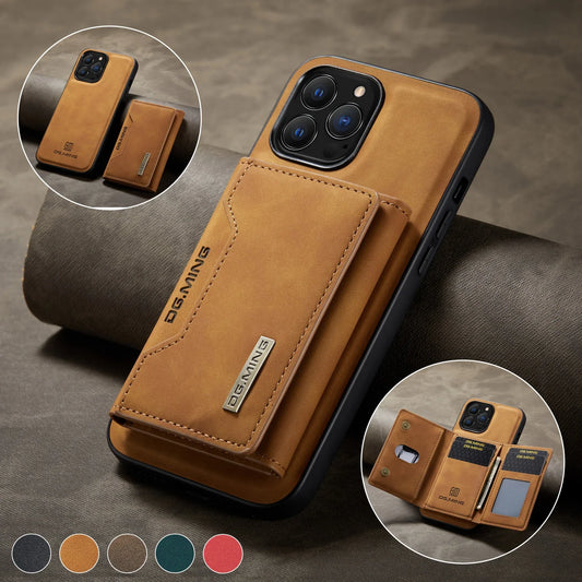 Brown phone case with multiple views on a gray background