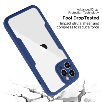 iPhone case with a clear back, showcasing the iPhone's camera and buttons, placed against a blue background.