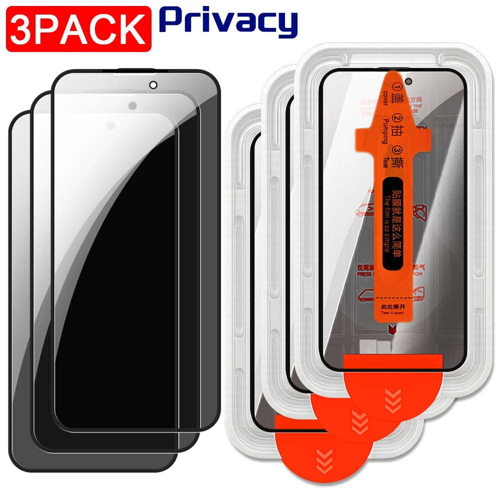 Three privacy screen protectors with a tool in clear packaging on a white background.