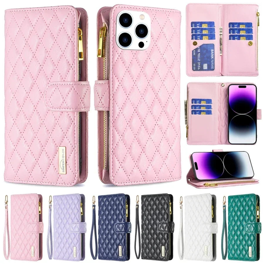 A collage of iPhone 16 cases with a magnetic wallet feature, showing various colors such as pink, blue, black, green, and brown.
