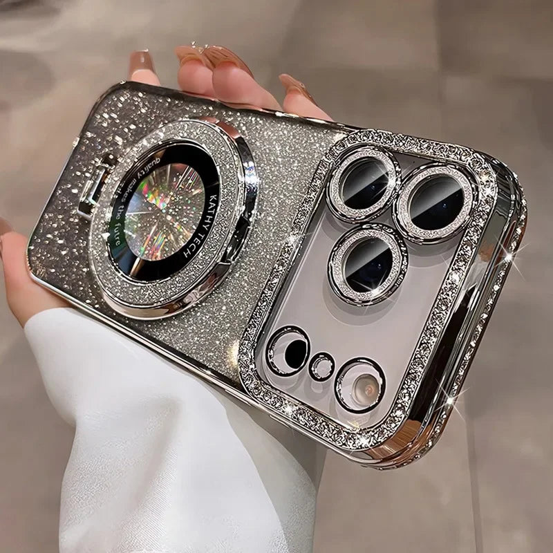 Phone case with glittery design held by a hand against a neutral background