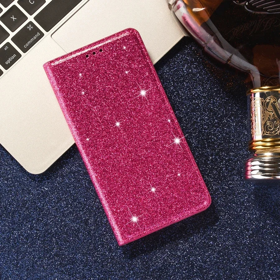 A purple glittery iPhone wallet case with a magnetic closure, displayed in various angles to show the front, back, and inside.