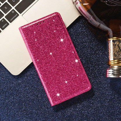 A purple glittery iPhone wallet case with a magnetic closure, displayed in various angles to show the front, back, and inside.