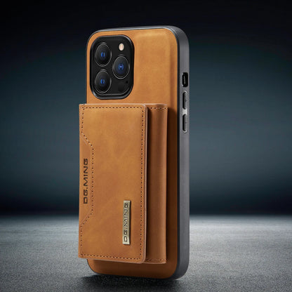 Brown phone case with card holder on a dark background
