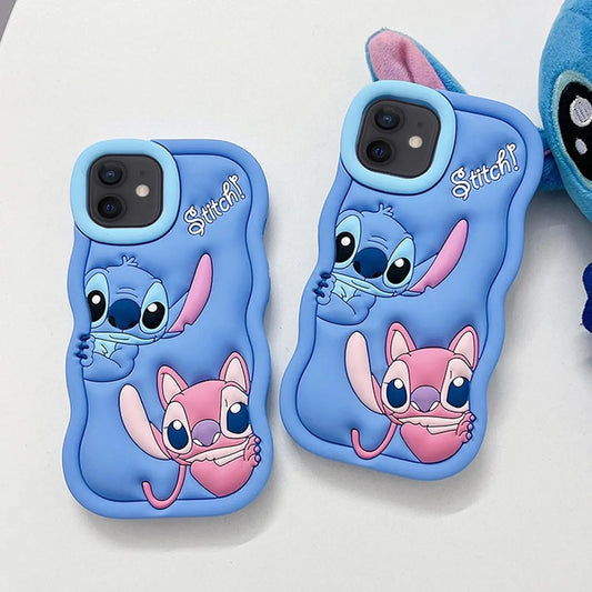 Two silicone phone cases featuring animated characters, predominantly blue with pink and other colors, designed for an iPhone.