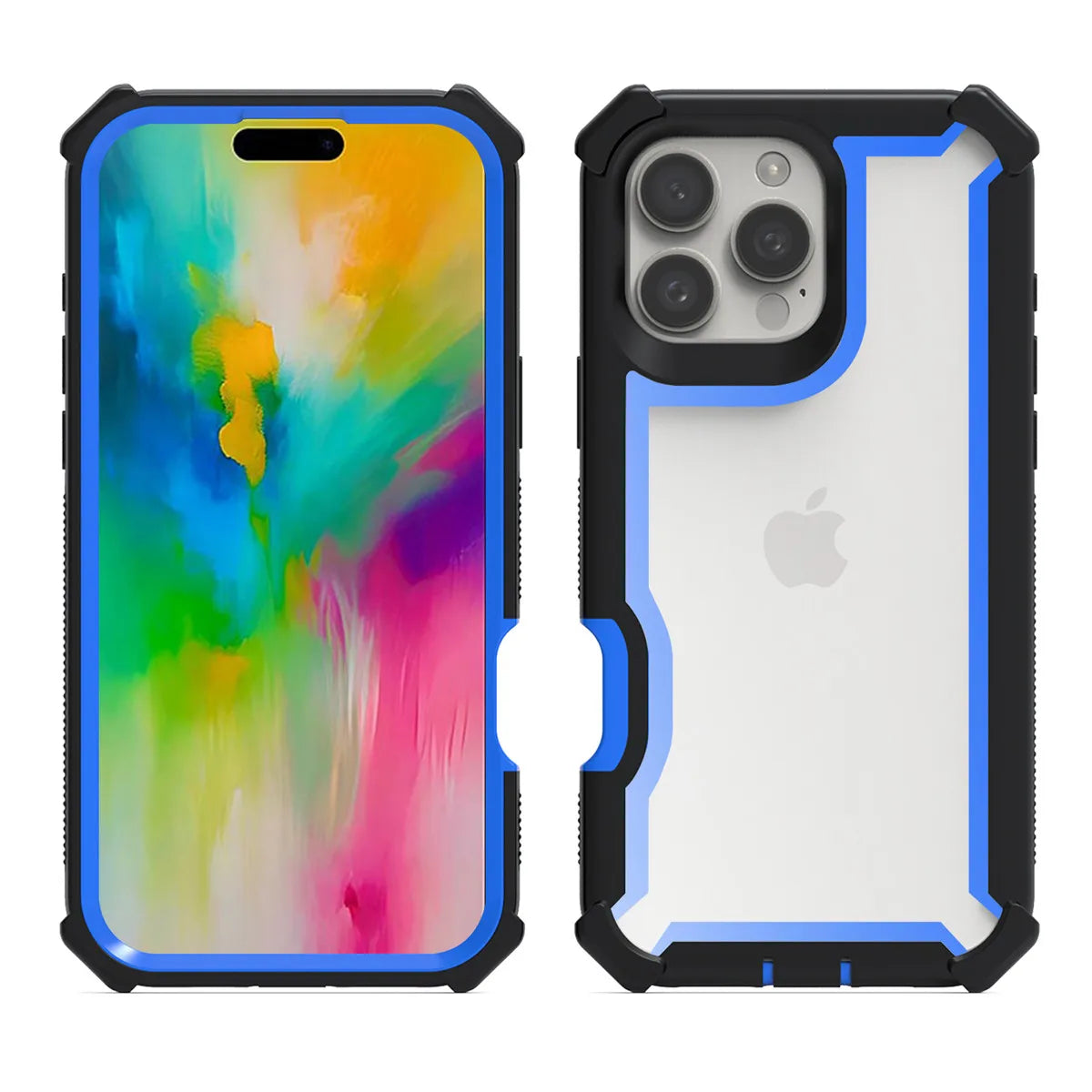 A blue and black iPhone case designed to provide shockproof protection, featuring a clear back panel and green edging.