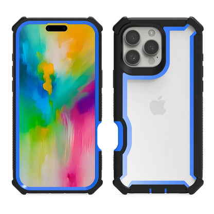 A blue and black iPhone case designed to provide shockproof protection, featuring a clear back panel and green edging.