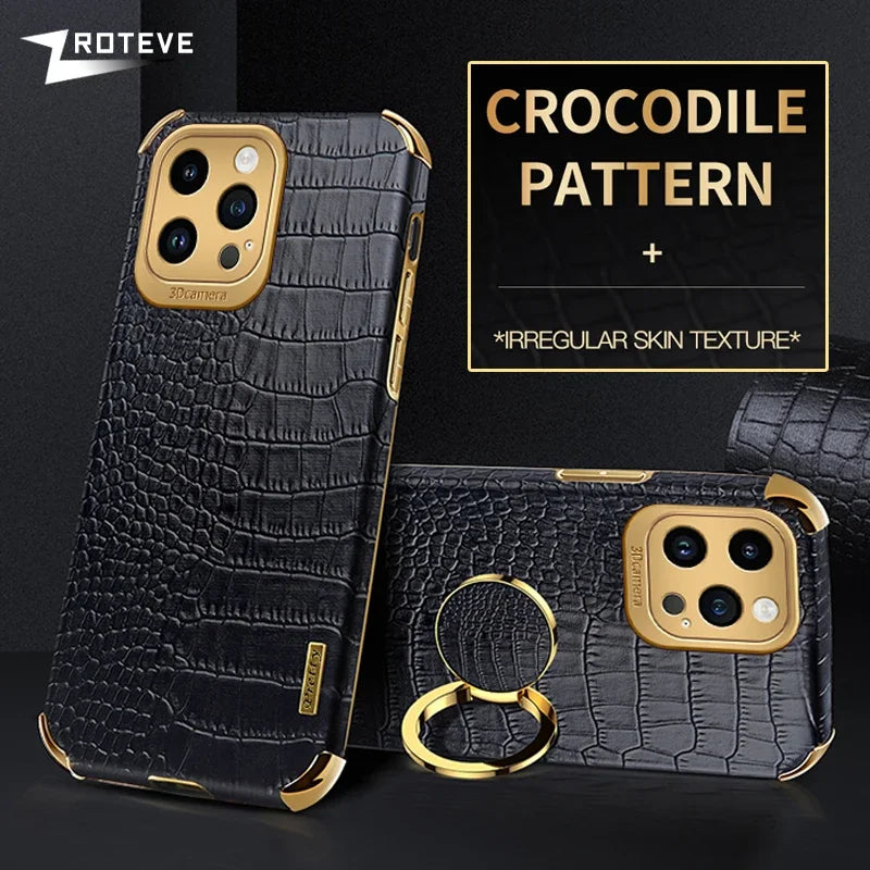 A black crocodile leather phone case with gold accents and a ring holder, designed for an iPhone.