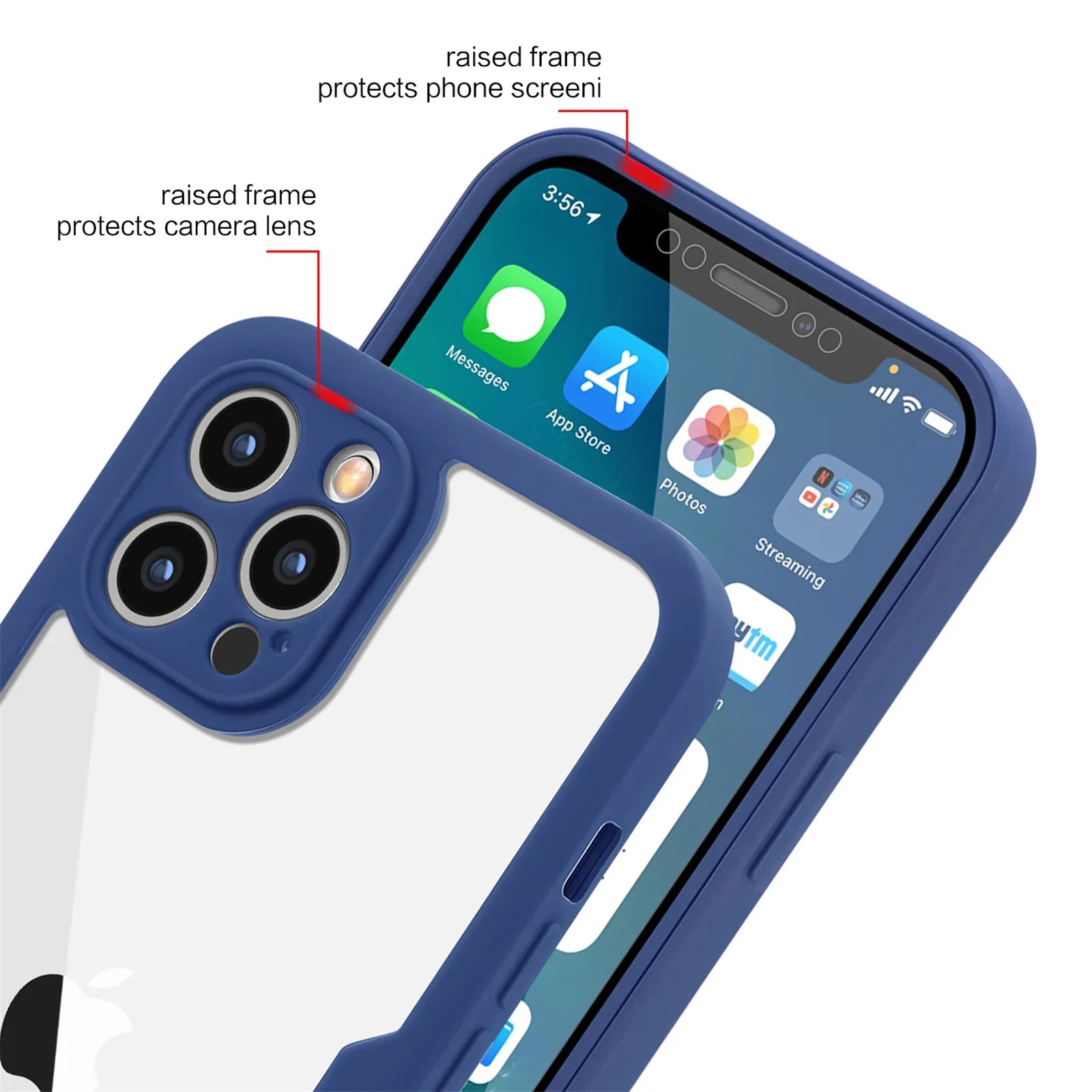 iPhone case with a clear back, showcasing the iPhone's camera and buttons, placed against a blue background.