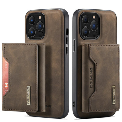 Brown phone case with card holder and visible brand logo on a white background