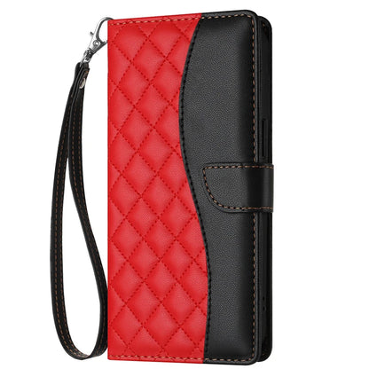 A variety of iPhone 16PM Quakeproof Flip Cases in different colors, featuring a quilted design in purple and black, with card slots and a wrist strap.