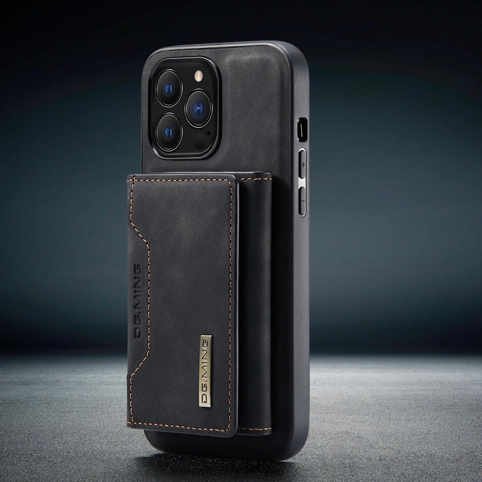 Black phone case with card holder on a dark background