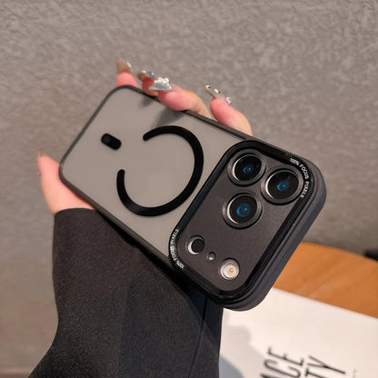 Phone case with smiley face design held by a hand against a neutral background