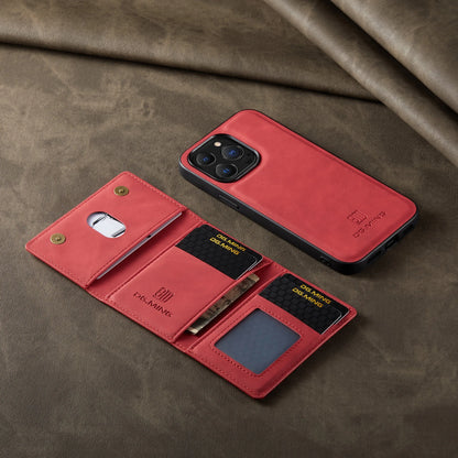 Red phone case with card slots and cash pocket on a brown fabric background
