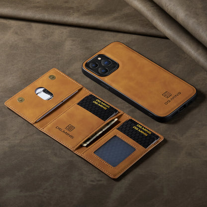 Brown leather phone case with card slots and pen holder on a brown fabric background