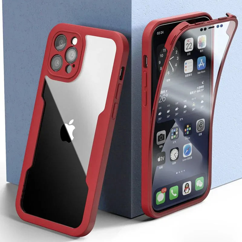 A red iPhone case with a clear back, showcasing the iPhone's camera and buttons, placed against a blue background.