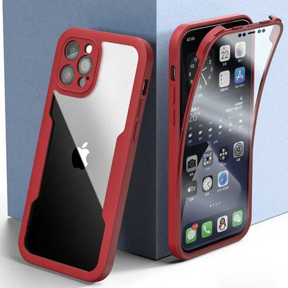 A red iPhone case with a clear back, showcasing the iPhone's camera and buttons, placed against a blue background.