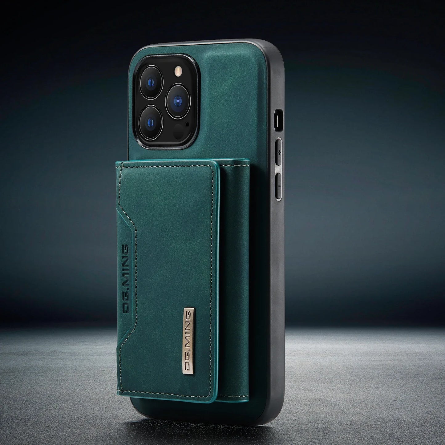 Green phone case with card holder on a dark background