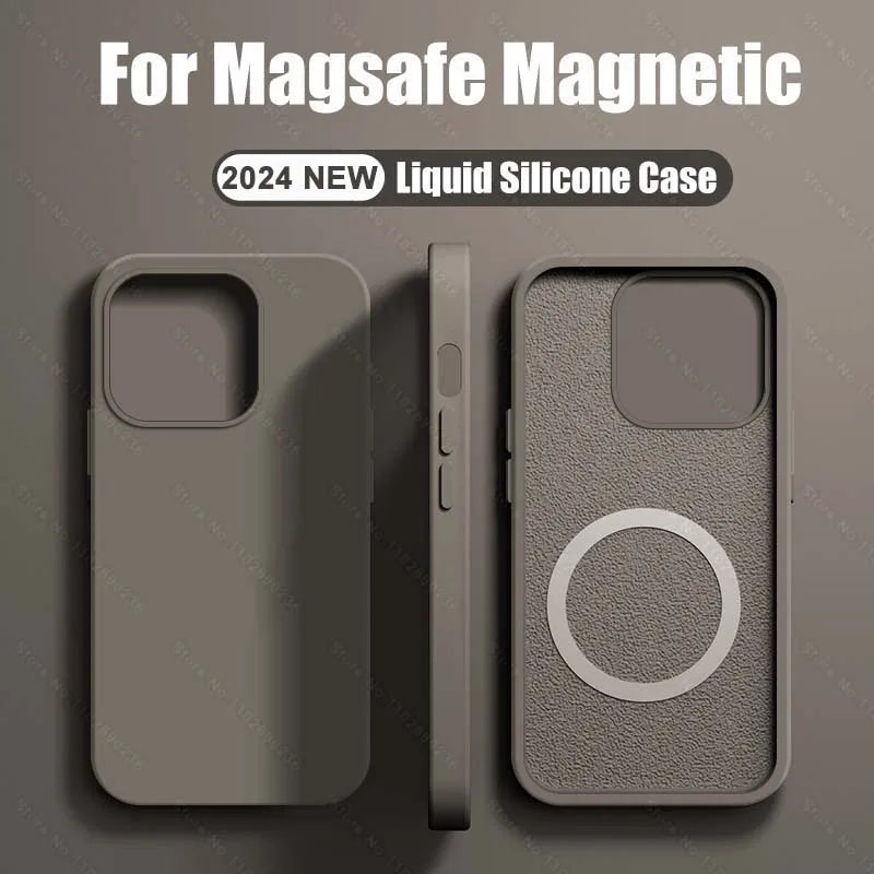 A gray liquid silicone phone case for an iPhone with a Magsafe feature, displayed from multiple angles.