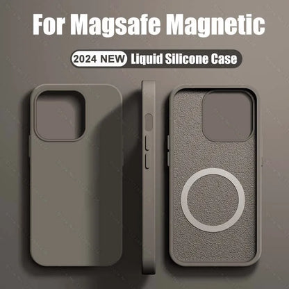 A gray liquid silicone phone case for an iPhone with a Magsafe feature, displayed from multiple angles.