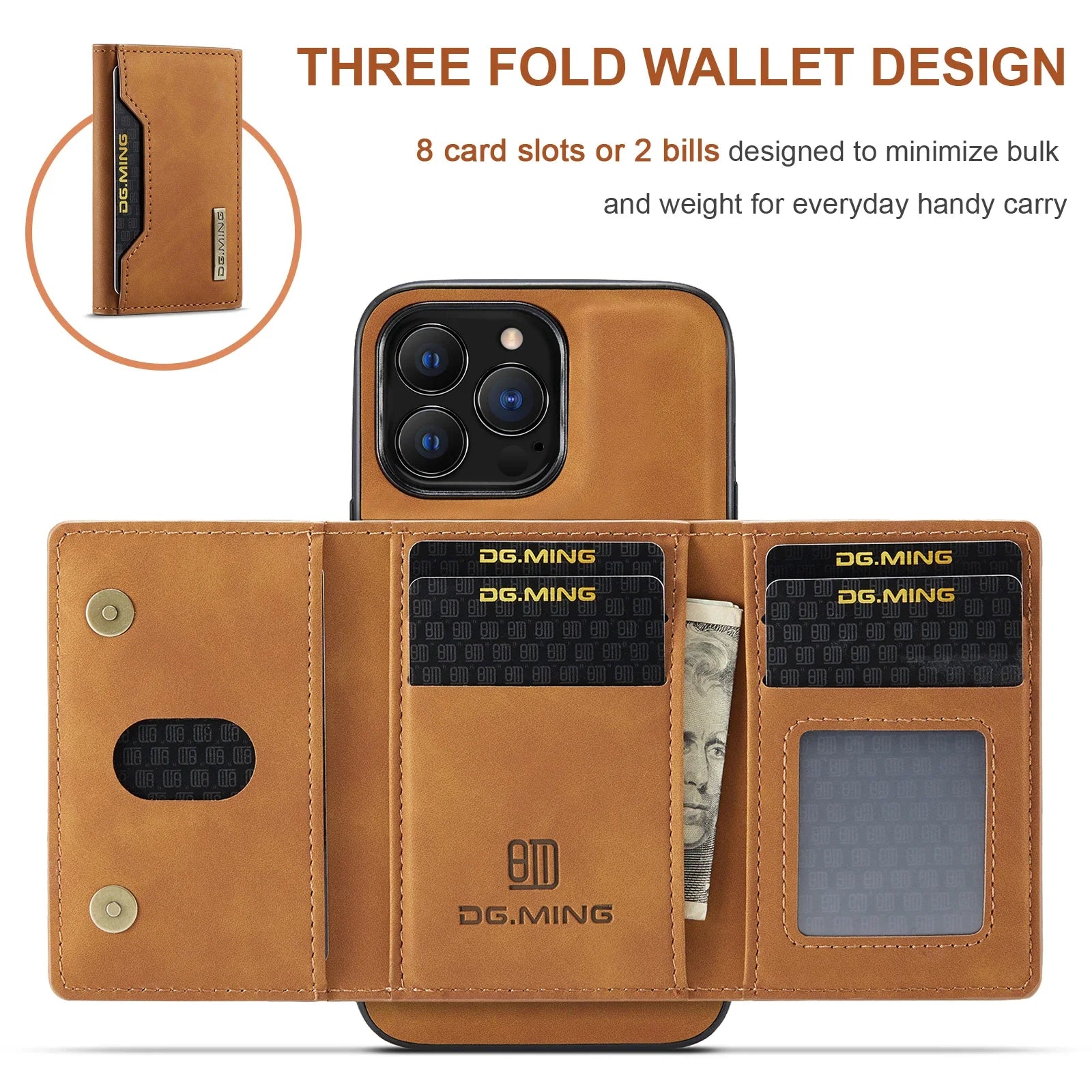 Brown three-fold wallet with card slots and bill compartment on a white background
