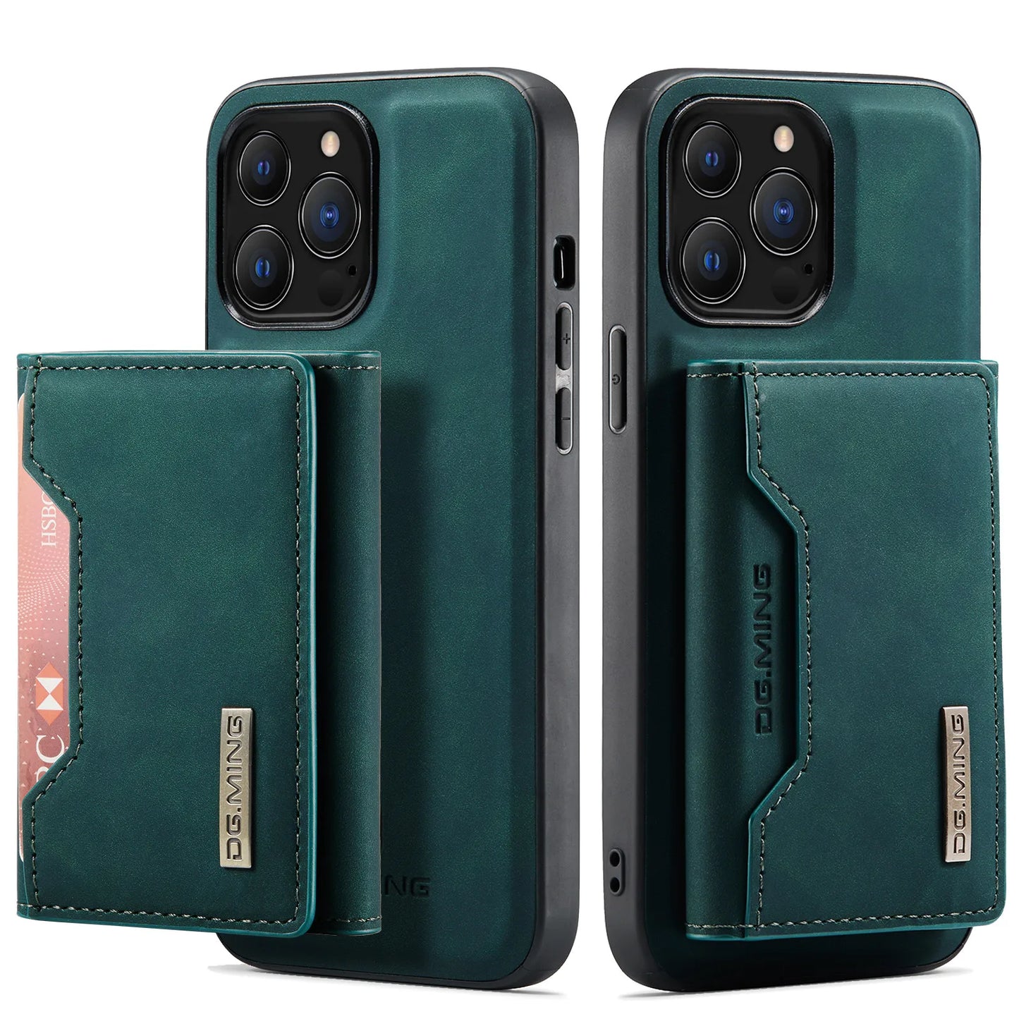 Teal phone case with card holder and DG MING branding on a white background