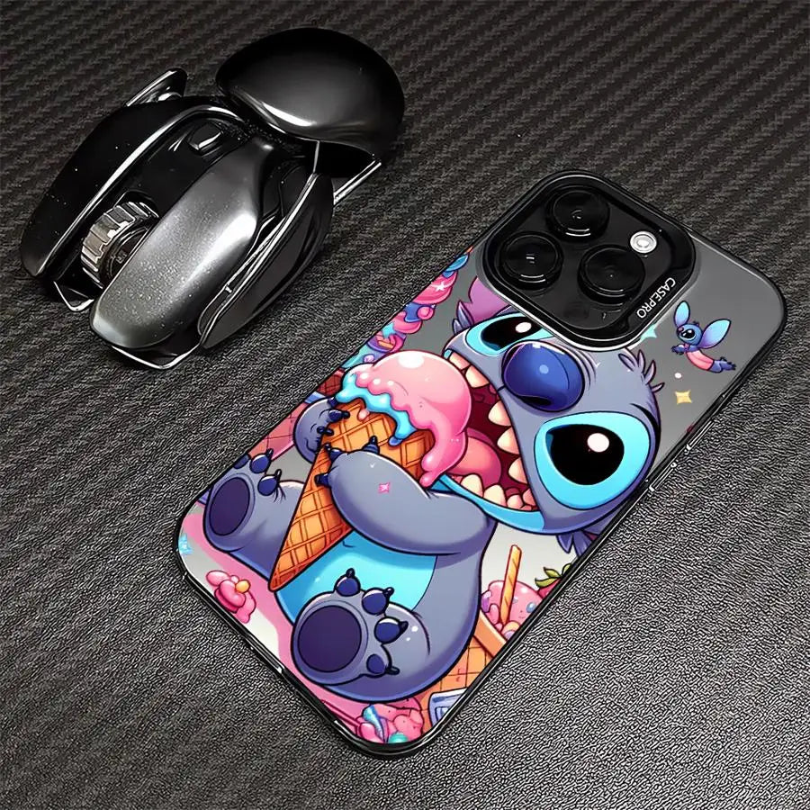 Plastic phone cases for iPhone with cartoon character designs. One case features a character in pink attire with a text bubble saying 'ouch', and the other case depicts a character with a large mouth holding an ice cream cone.