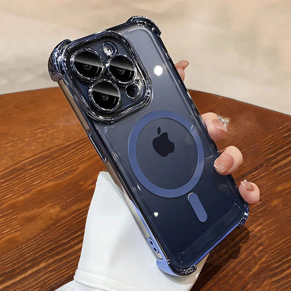 Phone case with Apple logo held by a hand on a wooden surface