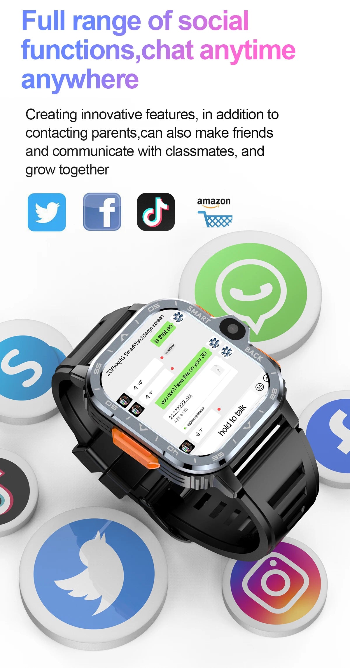 Smartwatch with social media icons on a white background