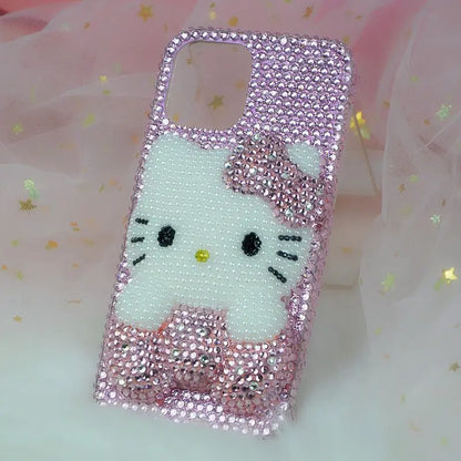 A collection of iPhone cases and accessories with Hello Kitty design, predominantly in pink and other colors, adorned with sequins and crystals.
