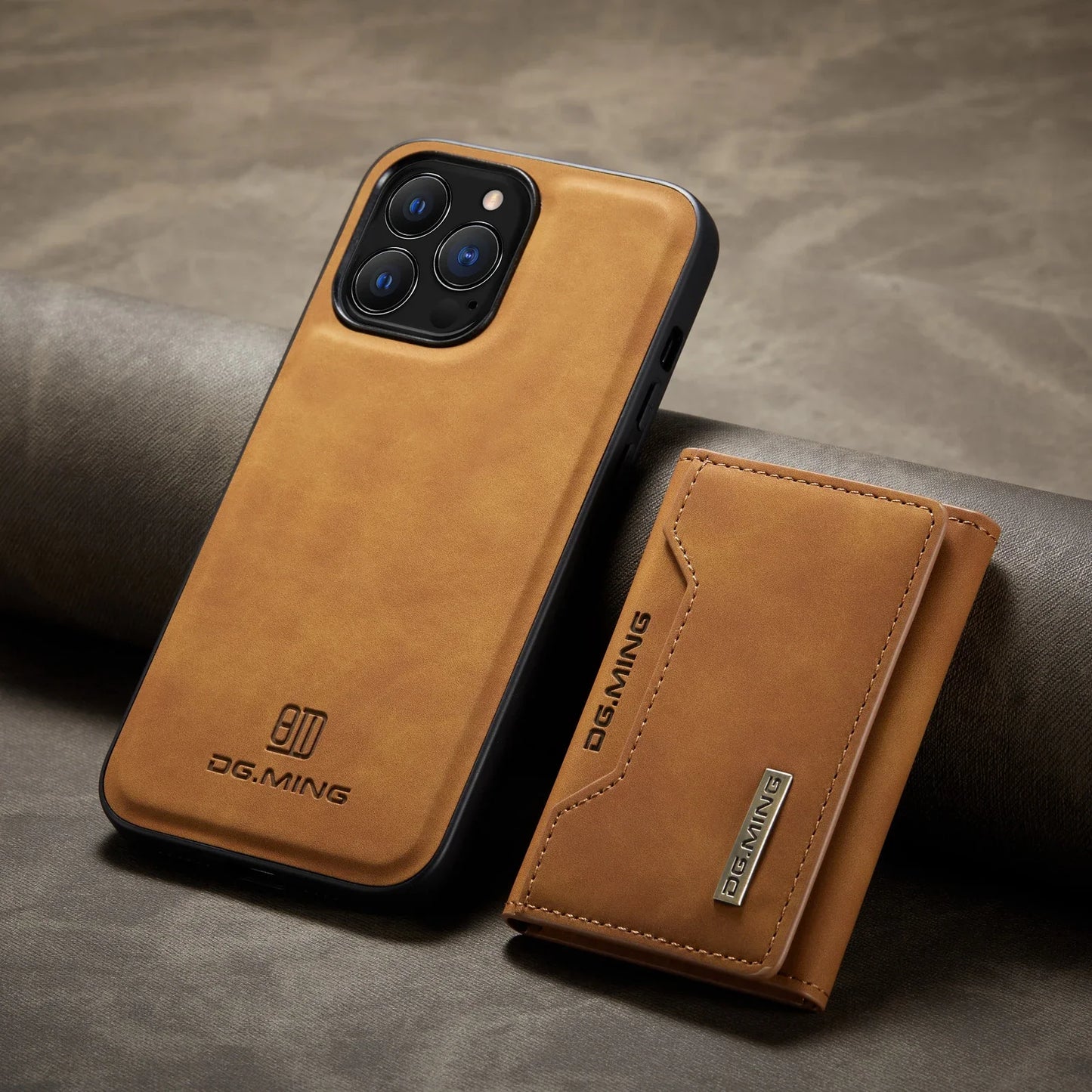 Brown leather phone case with DG.MING branding on a gray surface