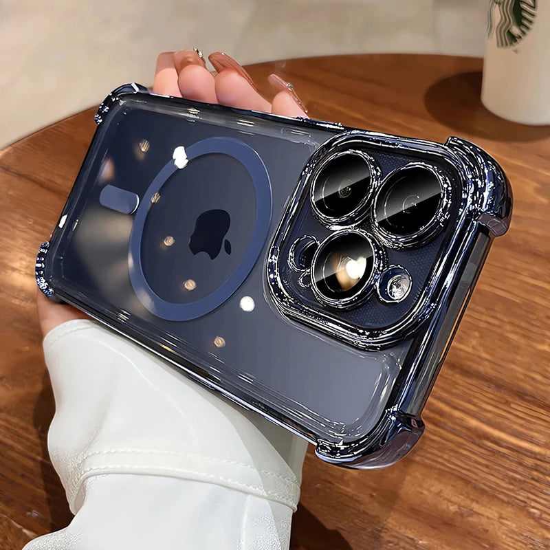 Clear phone case with Apple logo held by a person on a wooden table