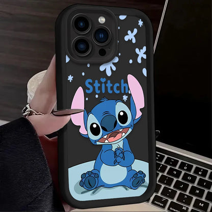 Two plastic phone cases for iPhone with a cartoon character Stitch printed on them. One case is pink with a single image of Stitch, and the other is red with a pattern of Stitch illustrations.