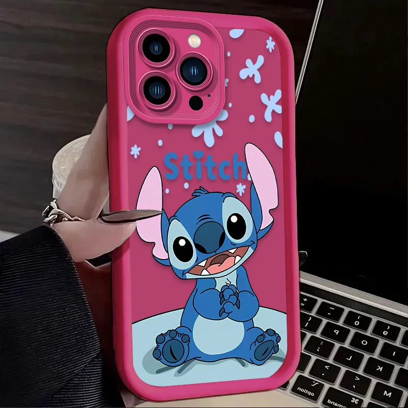 Two plastic phone cases for iPhone with a cartoon character Stitch printed on them. One case is pink with a single image of Stitch, and the other is red with a pattern of Stitch illustrations.