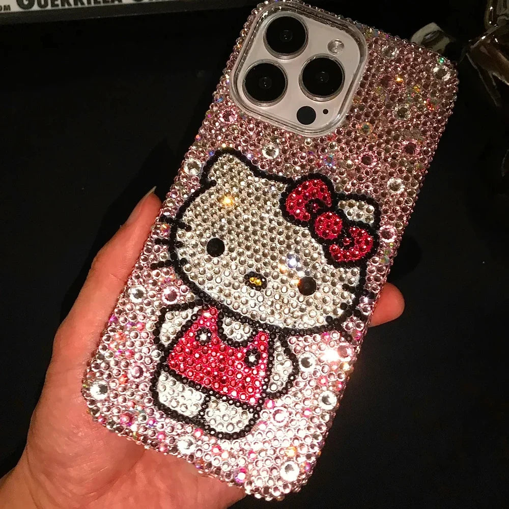 A collection of iPhone cases and accessories with Hello Kitty design, predominantly in pink and other colors, adorned with sequins and crystals.