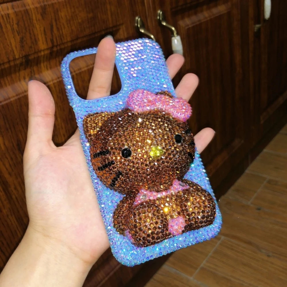 A collection of iPhone cases and accessories with Hello Kitty design, predominantly in pink and other colors, adorned with sequins and crystals.