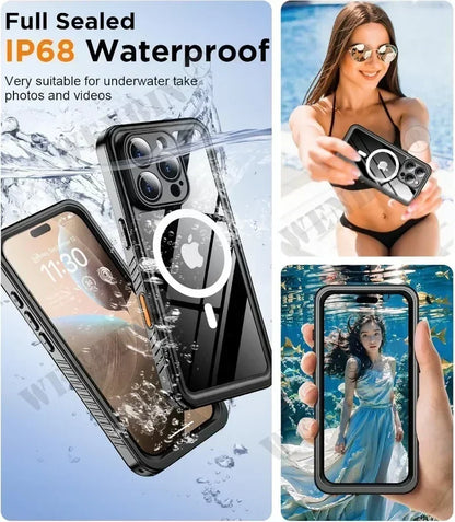 Waterproof phone case with IP68 rating, shown with phone and underwater use scenarios.