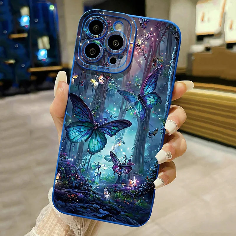  blue iPhone case with a pattern of dark butterfly silhouettes and stars.