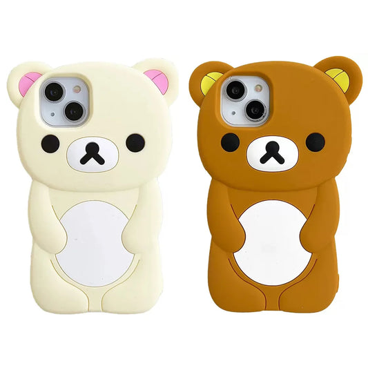 Two silicone phone cases designed to look like cartoon bears, one in light beige and the other in brown color.