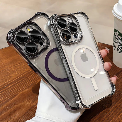 Two clear phone cases with Apple logo held by a hand on a wooden surface with a Starbucks cup in the background.