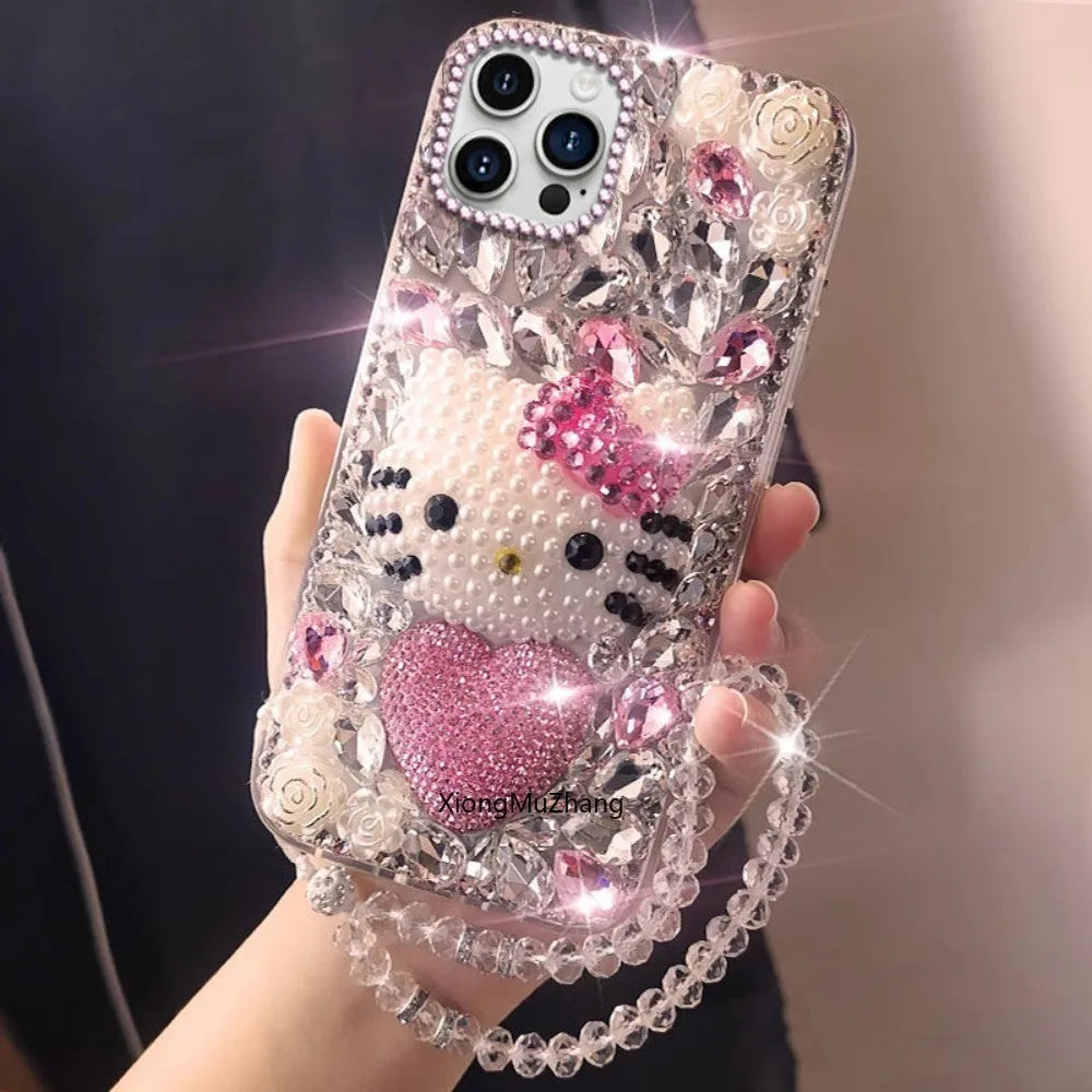 Phone case with Hello Kitty design held by a hand against a dark background