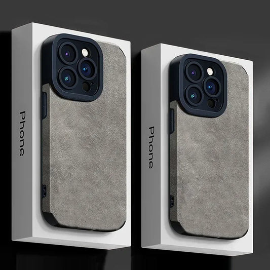 This image displays a set of protective cases designed for the iPhone 16PM Full Lens Protection models. Presented in a sleek gray color, the cases feature a textured finish that enhances grip and adds a stylish element to the phone.