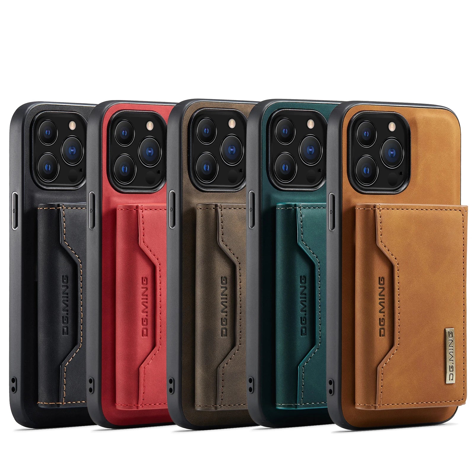 Five phone cases in black, red, brown, green, and tan with 'DEPMING' branding on a white background.