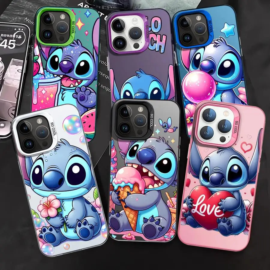 Six Stich plastic phone cases for iPhone with cartoon character designs. 