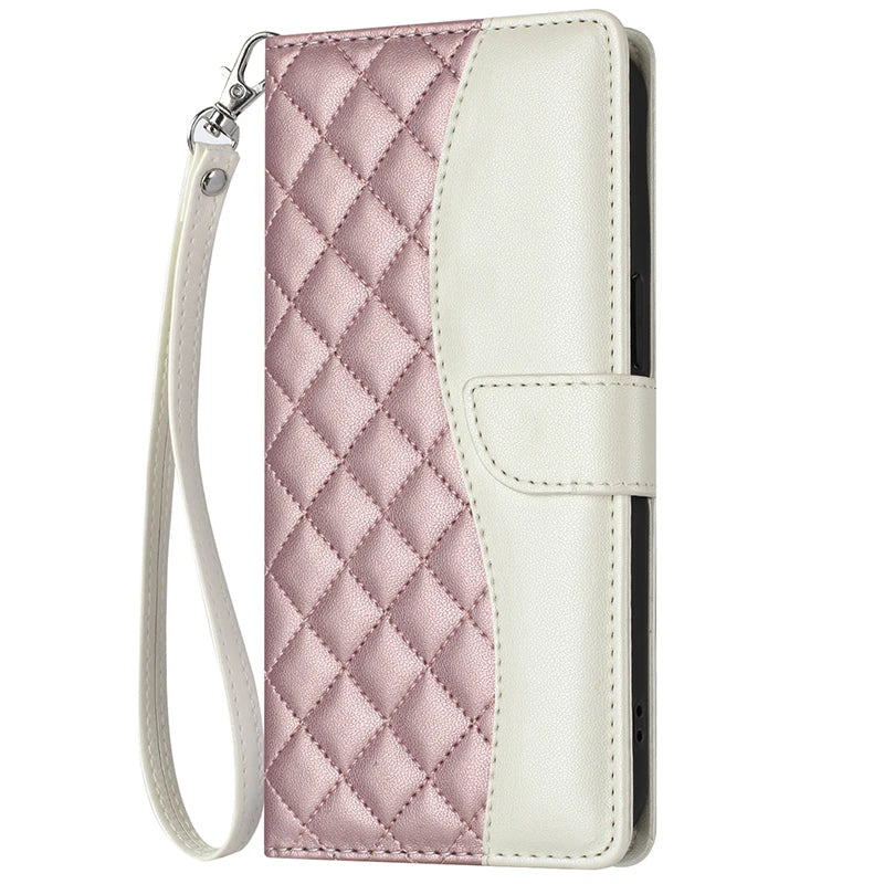 A variety of iPhone 16PM Quakeproof Flip Cases in different colors, featuring a quilted design in purple and black, with card slots and a wrist strap.