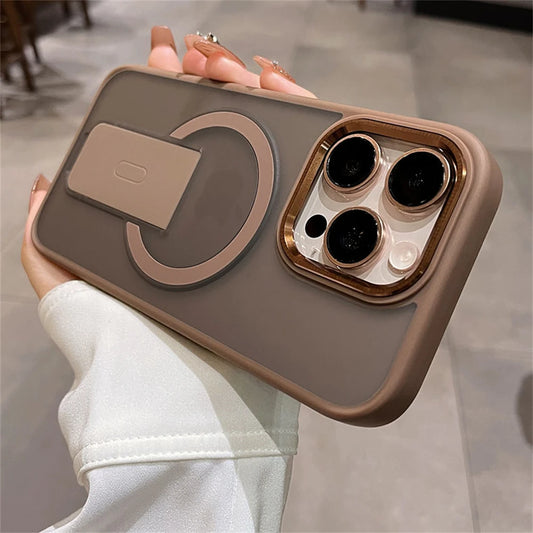 Phone case with a ring holder held by a person indoors
